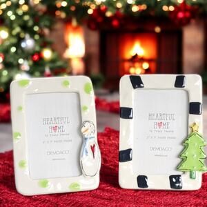 Snowman and Christmas Tree 4 x 3 Stoneware Holiday Frame Ornaments Set of 233